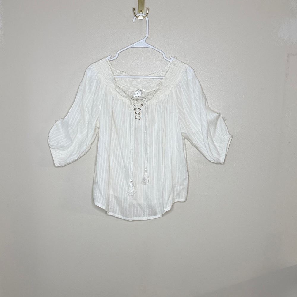LASCANA for VENUS White Lace Up Peasant Blouse Tassel Boho Top 1X